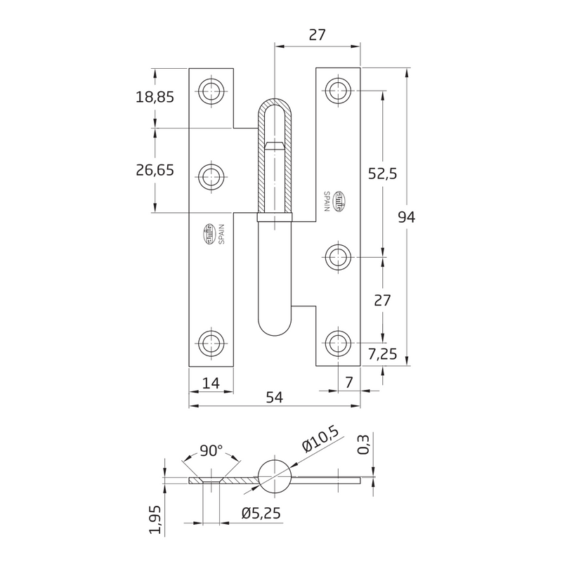 Dobradiça de porta reta em latão sem acabamento, 94 x 54 mm 