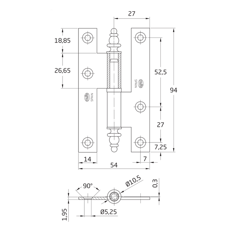 Straight edge door hinge in brass finish with 95 x 52 mm finial 