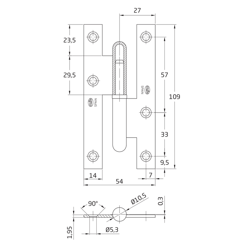 Straight edge door hinge in brass finish without finish, 109 x 54 mm 