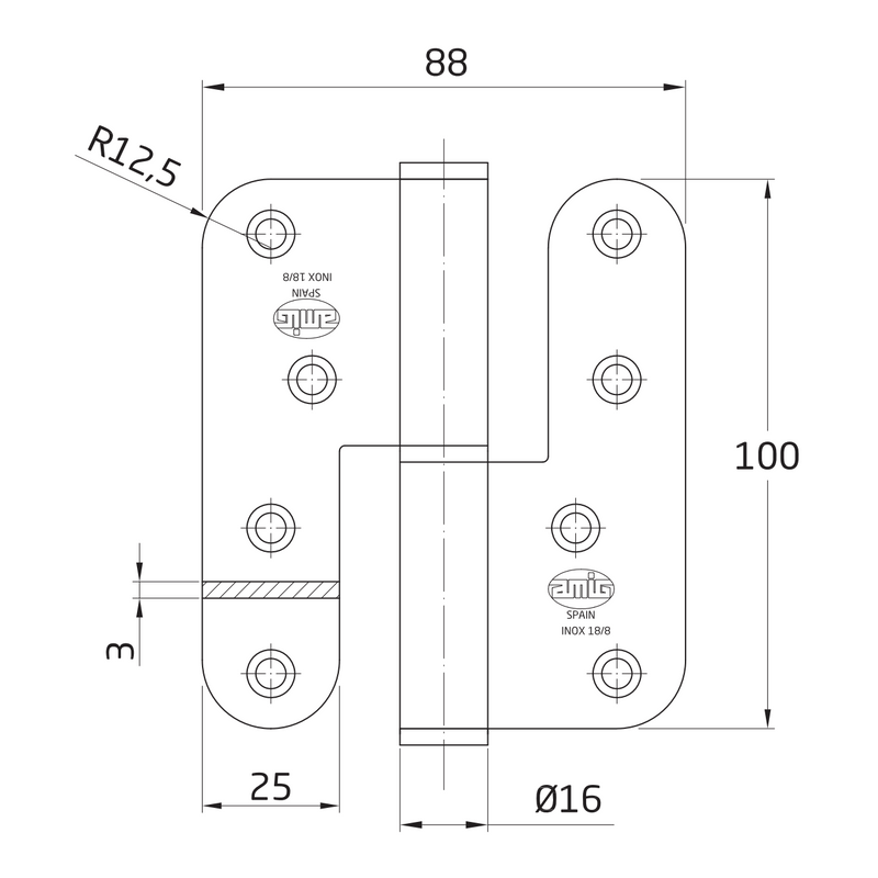 Wide round and open stainless steel blade hinge 100x88mm