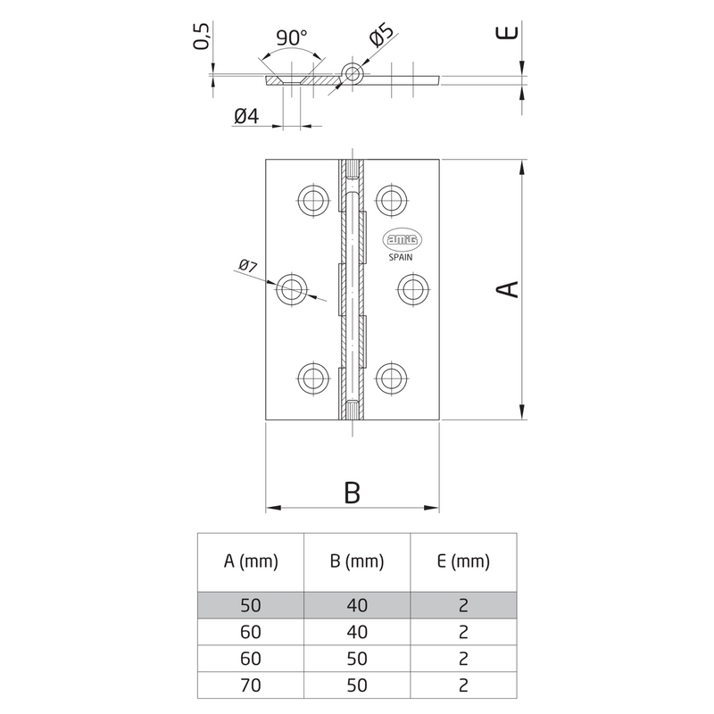 Hinge without book finial, square edge, brass, glossy chrome finish for furniture, 60x40mm