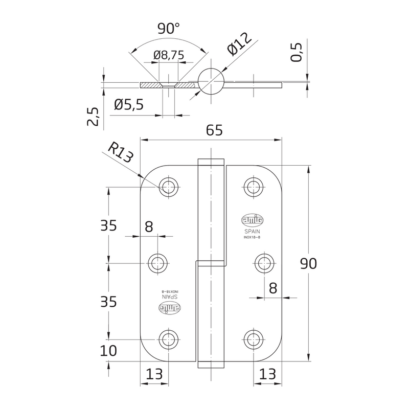 Dobradiça retangular borda redonda sem acabamento inox 90x65mm para portas