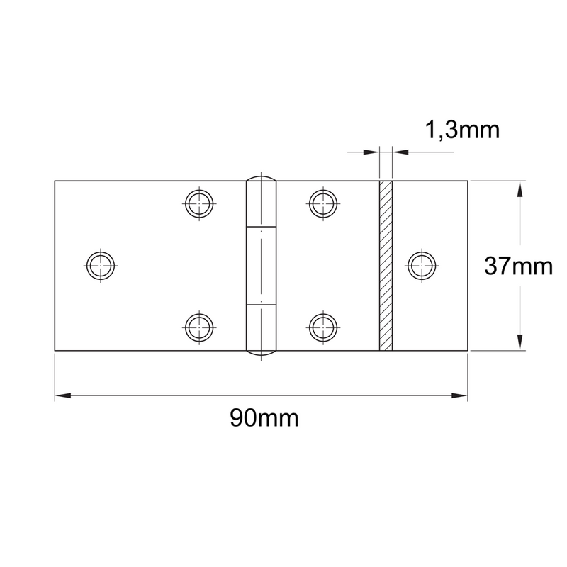 Bisagra de libro con base amplia de acero en acabado zincado para muebles