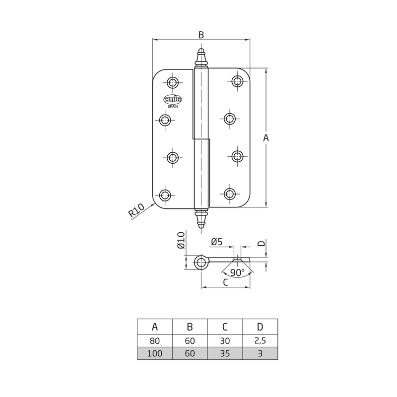 Removable brass hinge with round edge and glossy gold finish 100x70mm