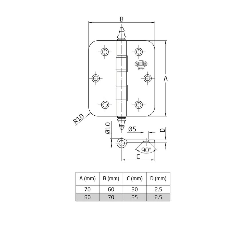 Round edge brass hinge with matte gold finish and washers 80x70