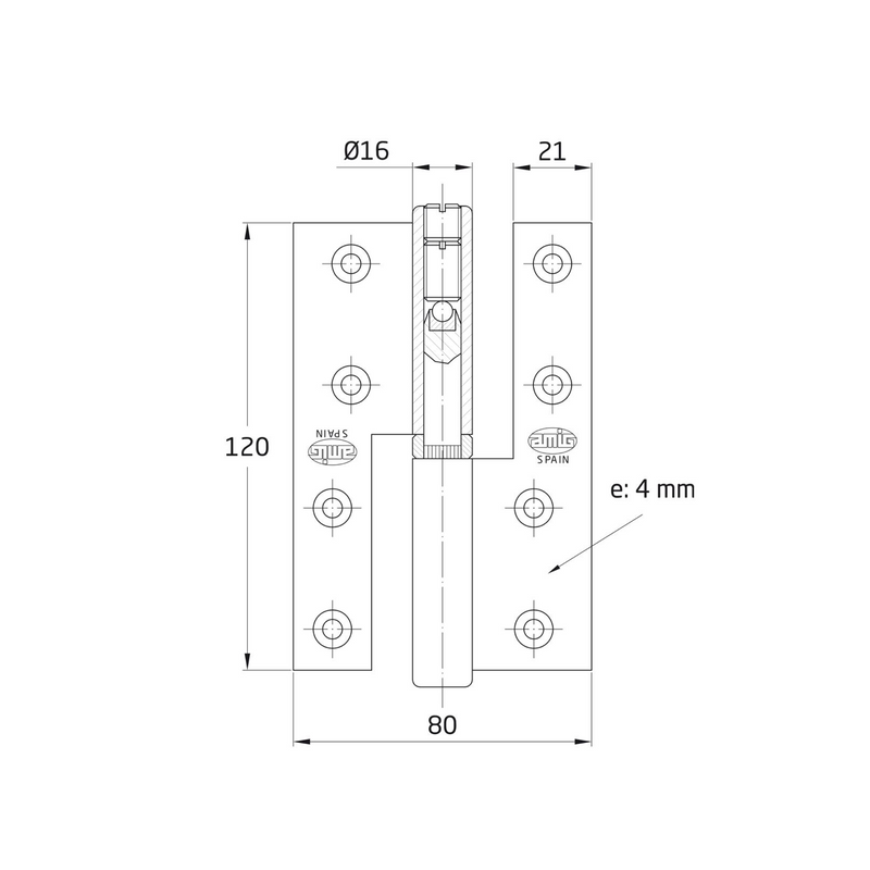 Tall brass hinge without finishing straight edge matte chrome finish 120x80mm