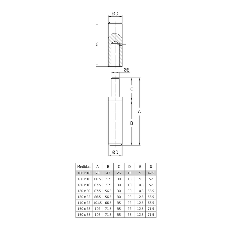 Pernio torneado de acero con rodamiento axial para puertas metálicas