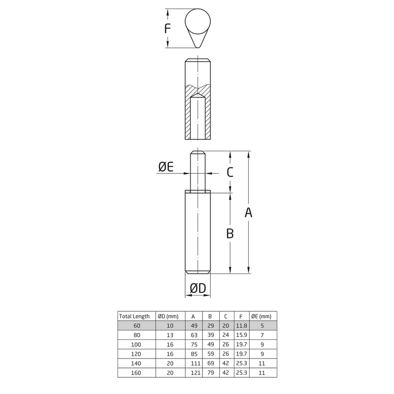 Dobradiça torneada ø10x60x12mm com arruela de aço tipo gota para portas metálicas