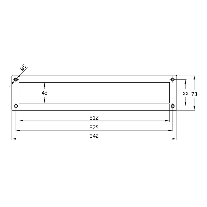 Abertura de carta retangular 342x73mm em aço com acabamento branco para portas