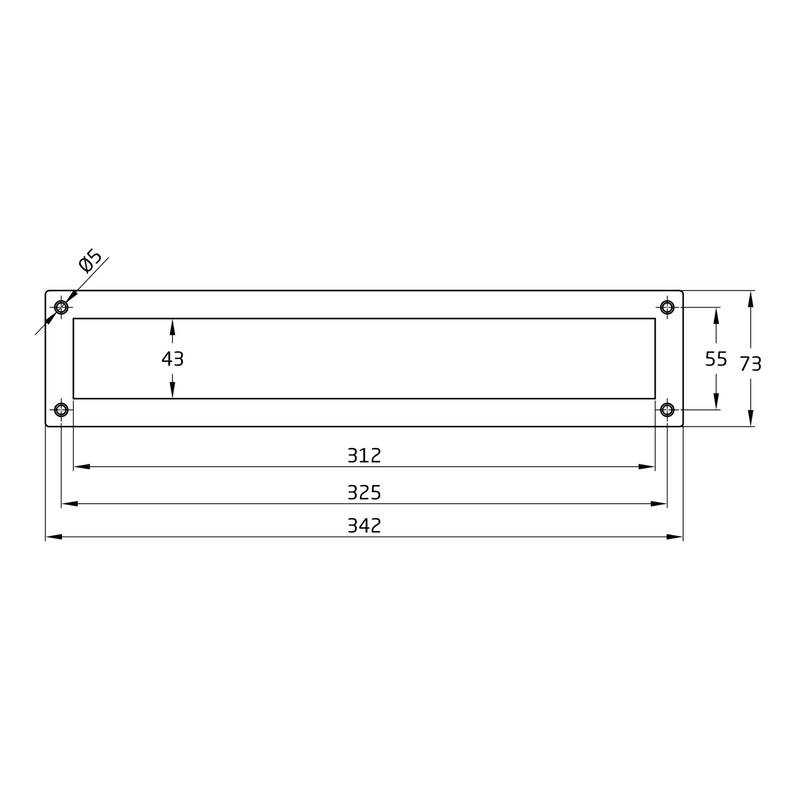 Boca-cartas rectangular de 342x73mm fabricado en acero inoxidable para puertas