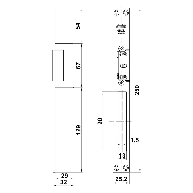 Cerradura eléctrica para puertas metálicas con palanca de desbloqueo y cerradero regulable