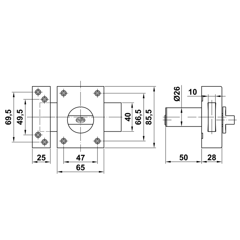 Rectangular overlay lock 85x65mm silver finish with cylinder-handle