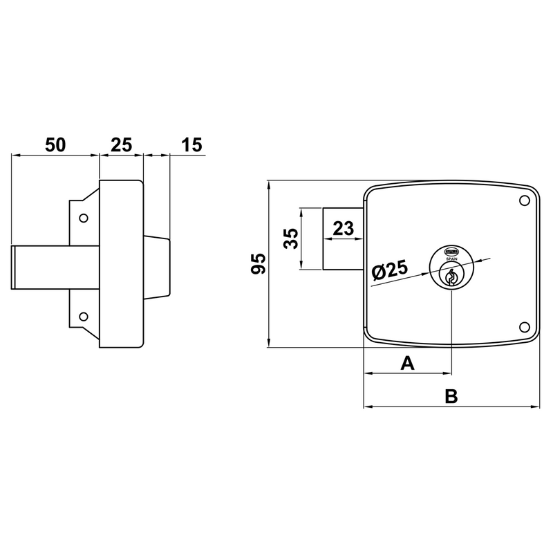 Cerradura de sobreponer acabado oro de 120mm de ancho con cilindro y llave de serreta para puertas