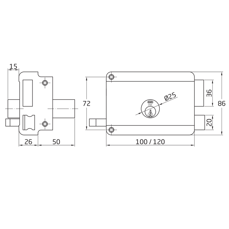 Cerradura de sobreponer de ancho 120mm acabado beige con llave de serreta para puertas de madera