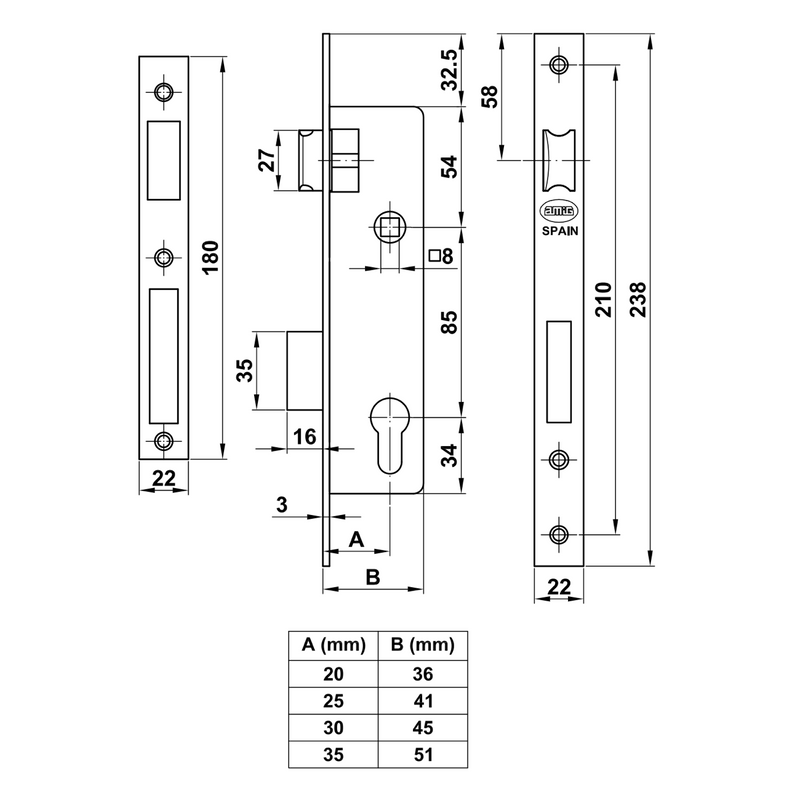 Lock for metal carpentry 85mm between axes and 30mm up to a straight edge keyhole