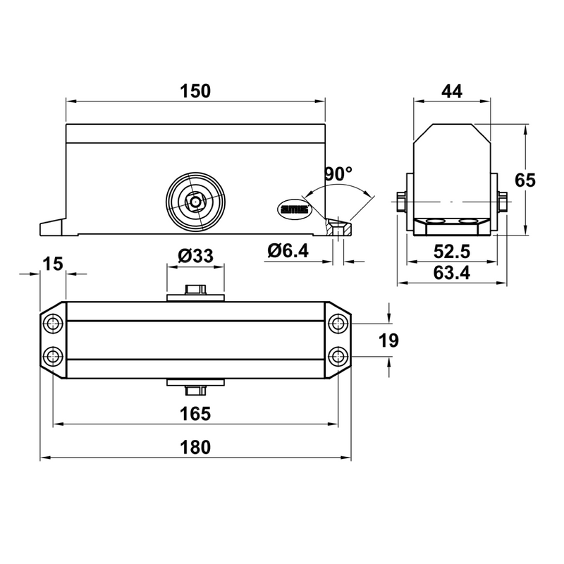 Hydraulic aluminum door closer in white finish with adjustable placement at forces from 2 to 4