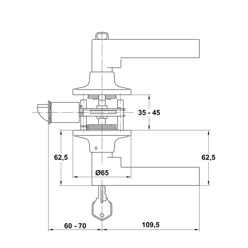 Flat golden mechanism handle with key and 60/70 latch