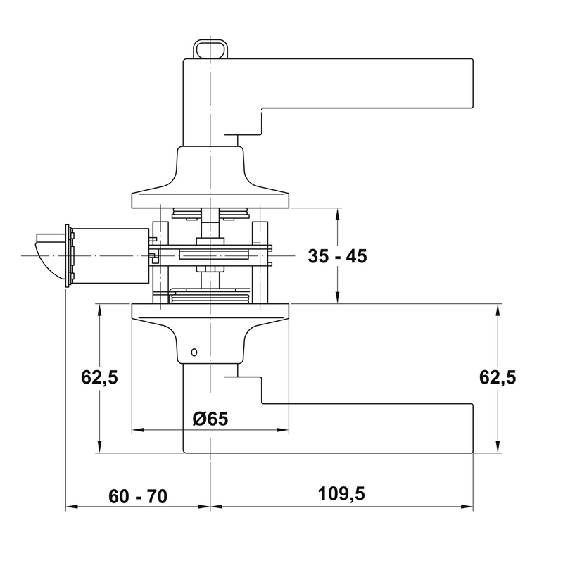 Flat golden handle with 60/70 lock and latch