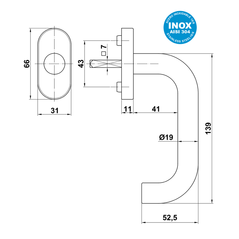 3-position stainless steel U-handle with oval rosette ideal for windows