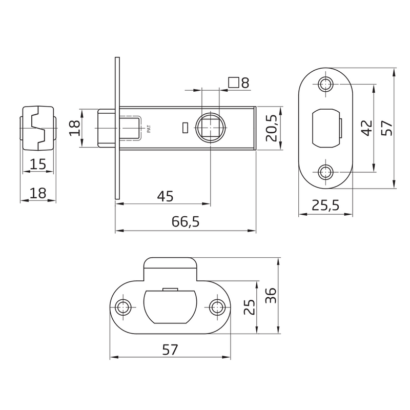 Round tubular latch in black finish, 45mm distance between axes 