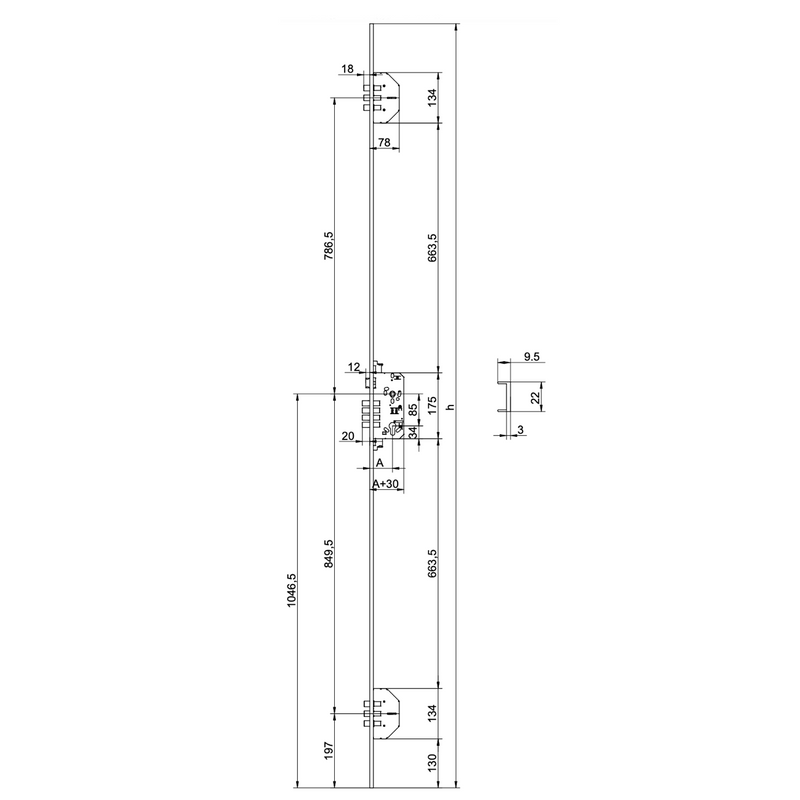 Cerradura cromada de 3 puntos de MCM modelo 701 con bulones de frente en U 22x9.5mm