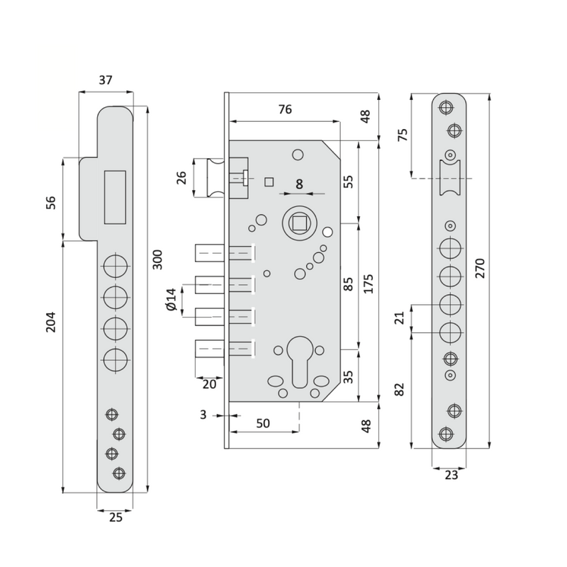 Cerradura de seguridad de 50mm canto redondo con 4 bulones de acero acabado dorado brillo