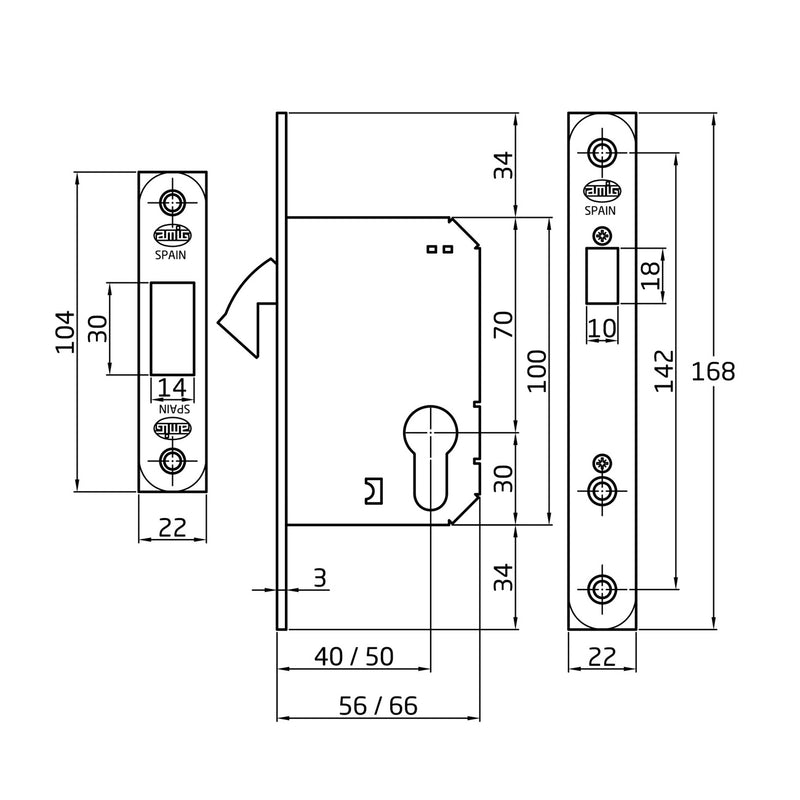 Mortise lock in black with parrot beak entrance at 50mm straight edge for sliding doors