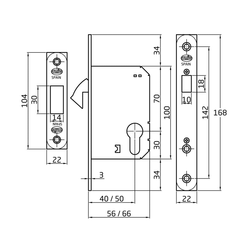 Chrome mortise lock with parrot beak entrance at 40mm round edge for sliding doors