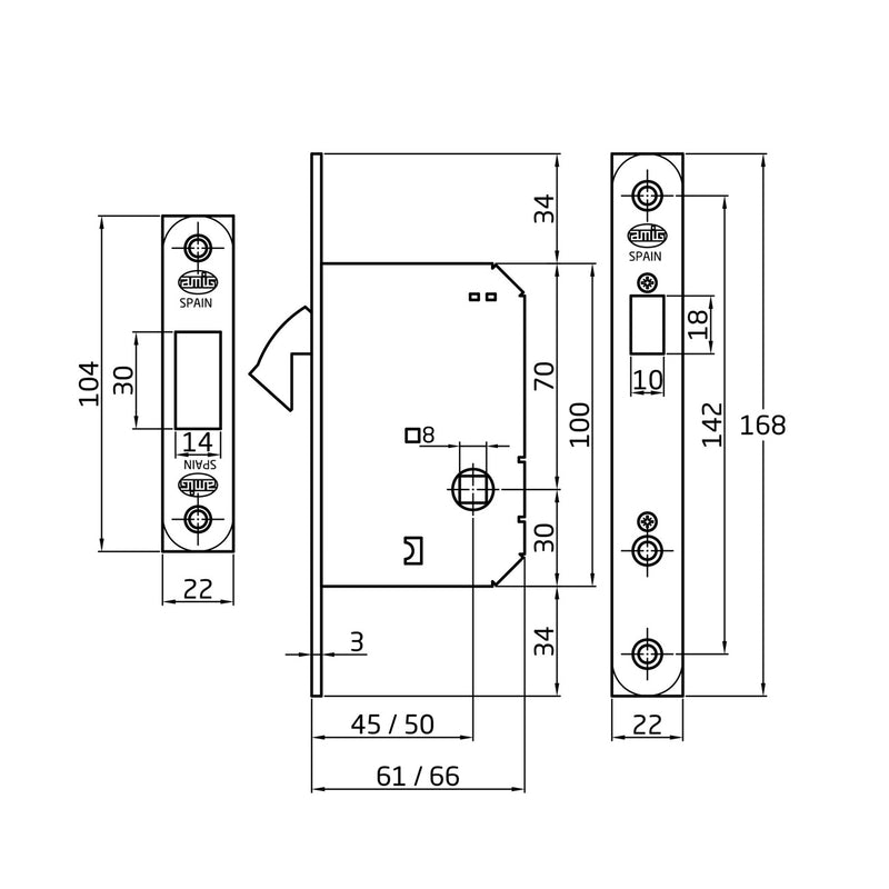 Gold mortise latch with parrot beak 50mm entry round edge 8mm square