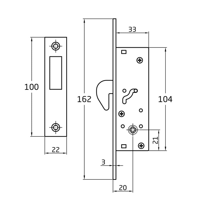 Cerradura de embutir con llave de cruz entrada de 20mm y cierre de gancho para puerta metálica