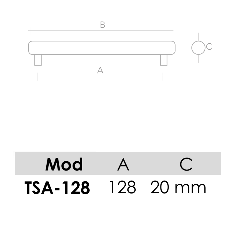 Medidas de Tirador de aluminio modelo TSA para muebles y armarios con 128mm entre ejes