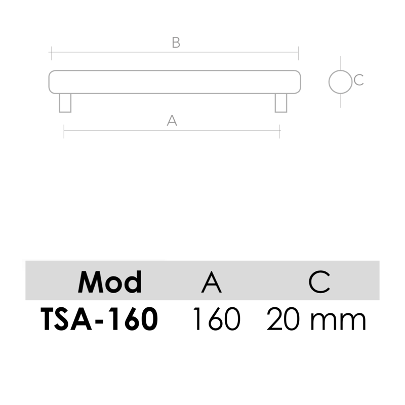Medidas de Tirador de aluminio modelo TSA para muebles y armarios con 160mm entre ejes