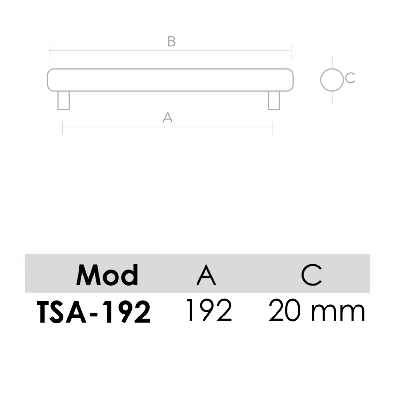 Medidas de Tirador de aluminio modelo TSA para muebles y armarios con 192mm entre ejes