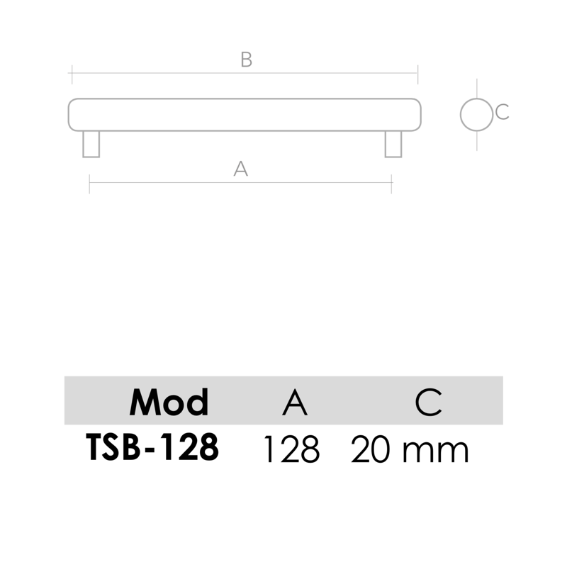 Medidas de Tirador de aluminio modelo TSB con forma de ola 128mm entre ejes
