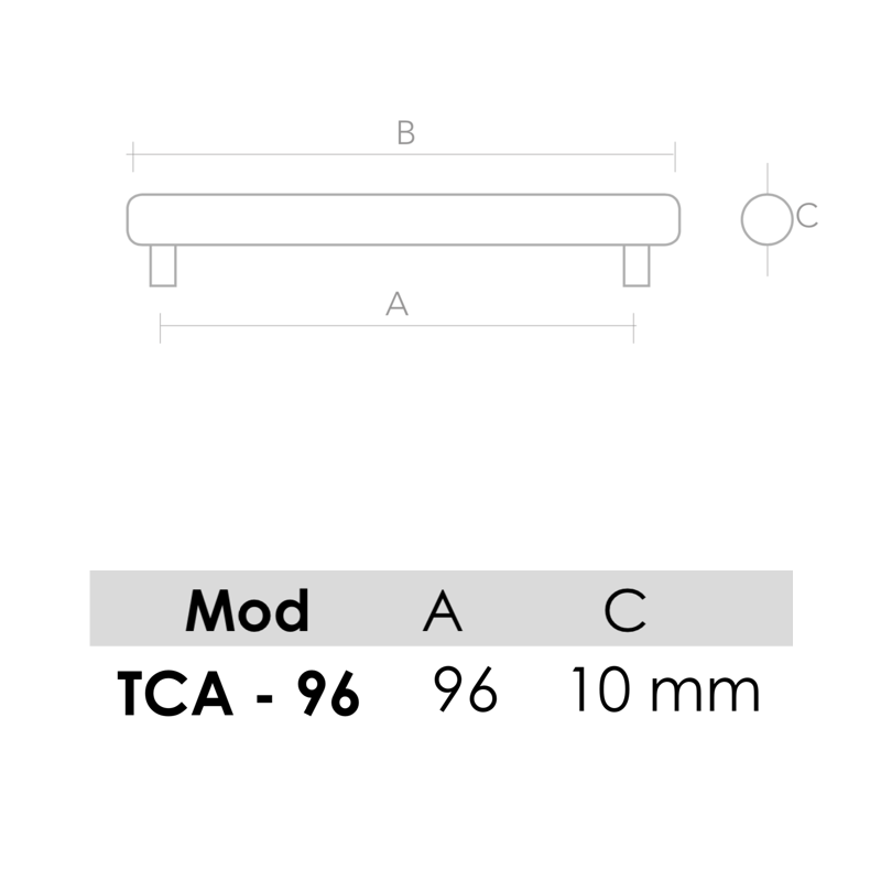 Medidas de Tirador modelo TCA de aluminio para muebles y armarios con 96mm entre ejes