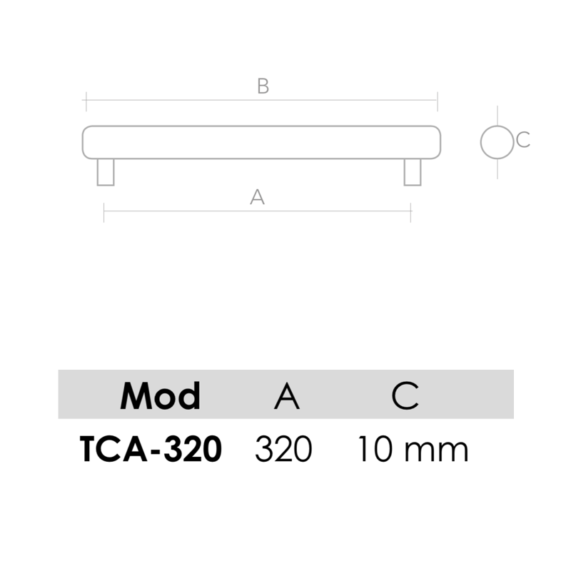 Medidas de Tirador modelo TCA de aluminio para muebles y armarios con 320mm entre ejes