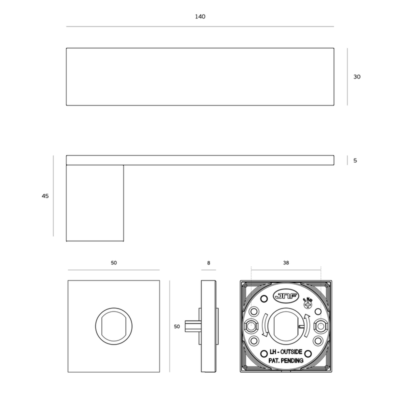 Solid rectangular handle with square stainless steel rose mod IN.00.153