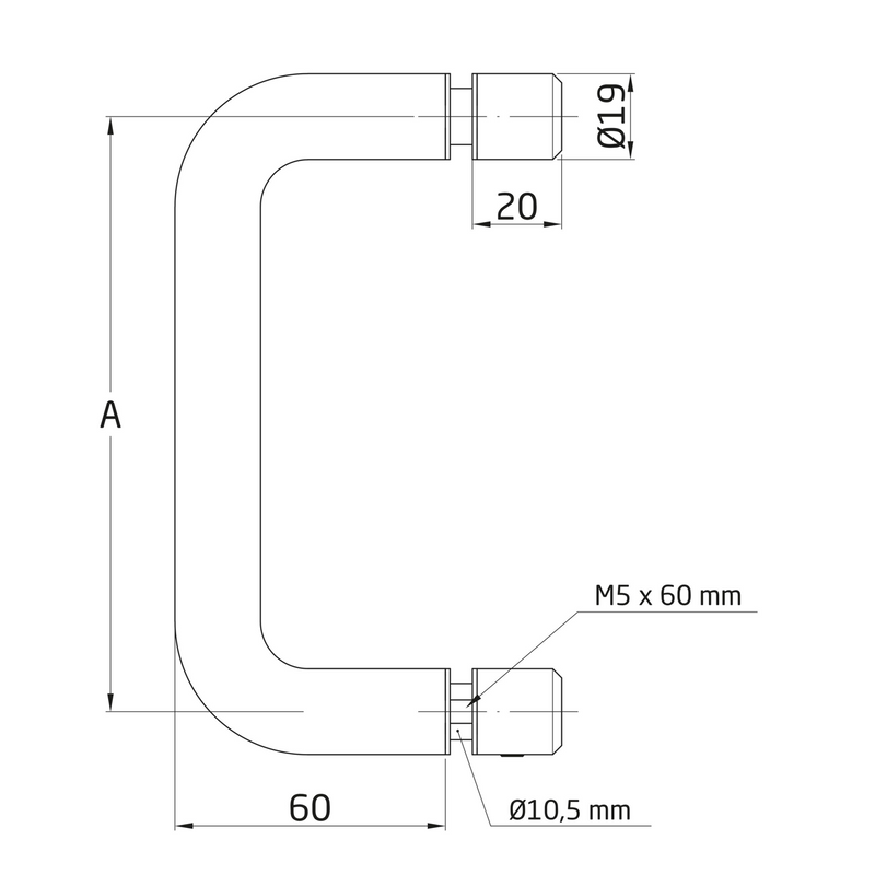 Manillón inoxidable estándar para madera y cristal de 19Ø y 200 entre ejes