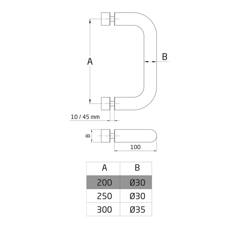 Standard stainless steel handle for wood and glass of 30Ø for thicknesses from 10 to 45mm