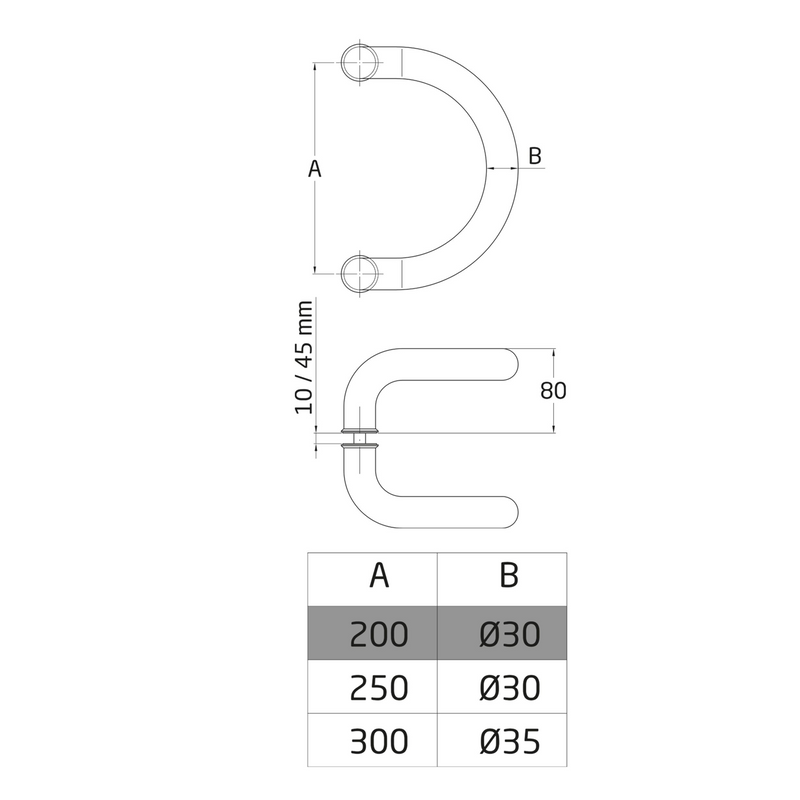 Set of 35Ø curved stainless steel U-shaped handles for wooden or glass doors from 10 to 45mm thick