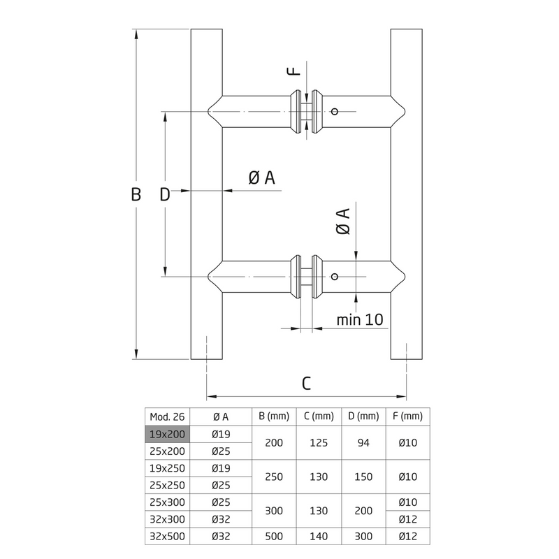 Stainless handle for H-shaped glass, 25Ø and 300mm high