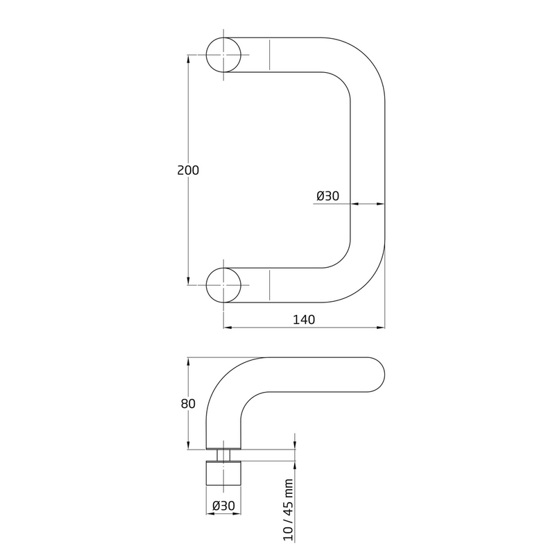 Curved handle of 30Ø and 200 between axes of stainless steel for wood and glass