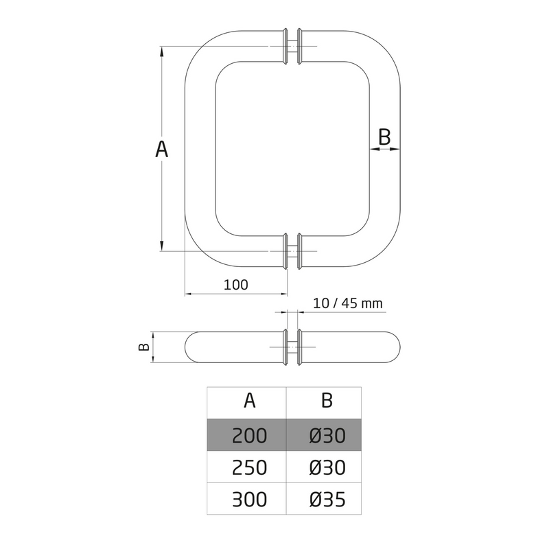 Set of standard 30Ø stainless steel handles for wood and glass for thicknesses from 10 to 45mm