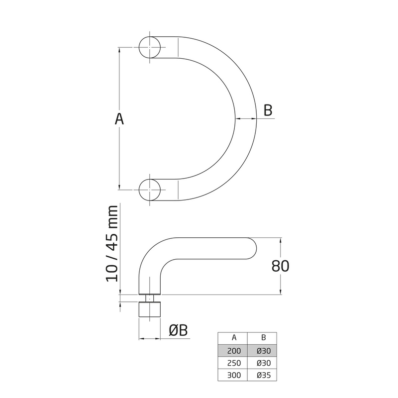 Manillón en U de 250mm entre ejes curvo de acero inoxidable para puertas de madera o cristal de 10 a 45mm de grosor