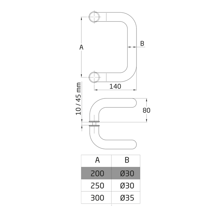 Set of curved handles of 35Ø and 300 between axes of stainless steel for glass