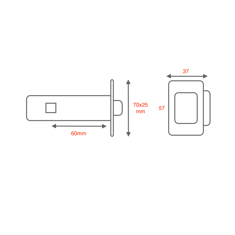 Square tubular latch in gold finish, 60mm distance between axes