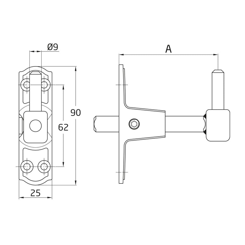 Adjustable bolt from 52 to 90mm without thread with Allen key for shutter hinges