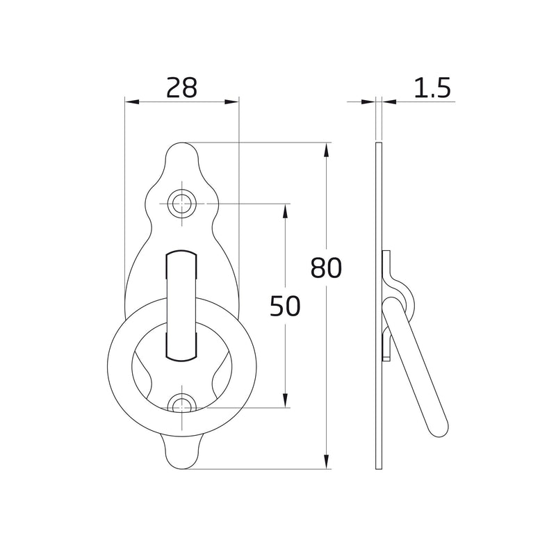 Alça de couro vertical em aço 28x80mm com anel e placa para armários