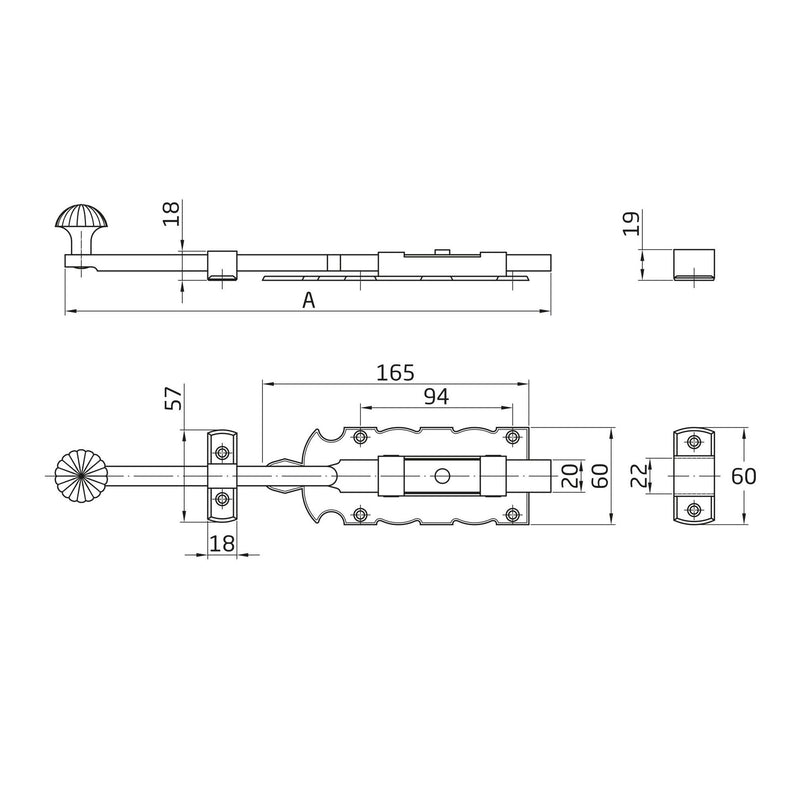 Pasador rústico de sobreponer 60mm de ancho en acabado negro para puertas