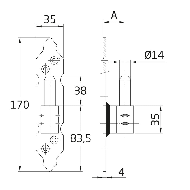 Gothic hinge with 170x35 black plate for mounting with hinge